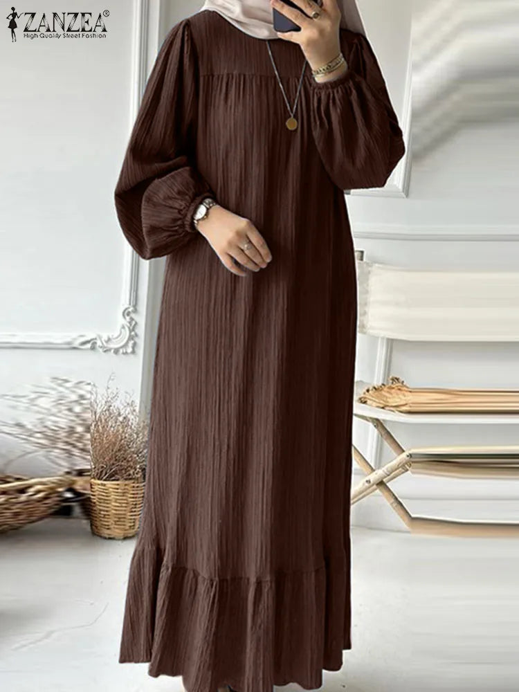 Ruffles Hem Sundress Woman Puff Sleeve O Neck Party Abaya
