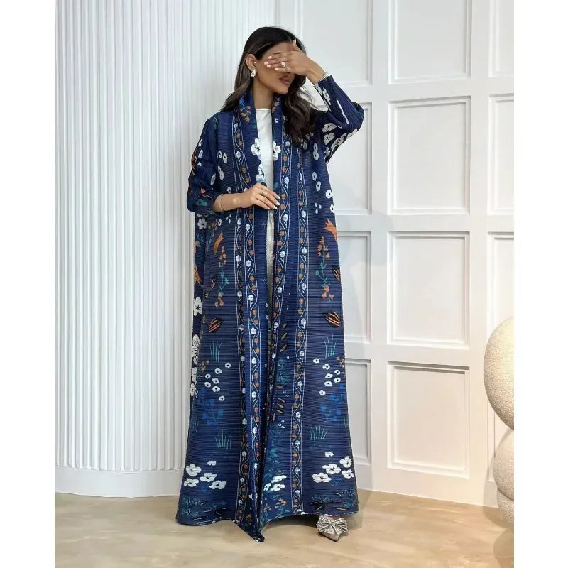 Pleated Trench Coat Vintage Printed Cardigan Loose Plus Size Long Luxury Abaya