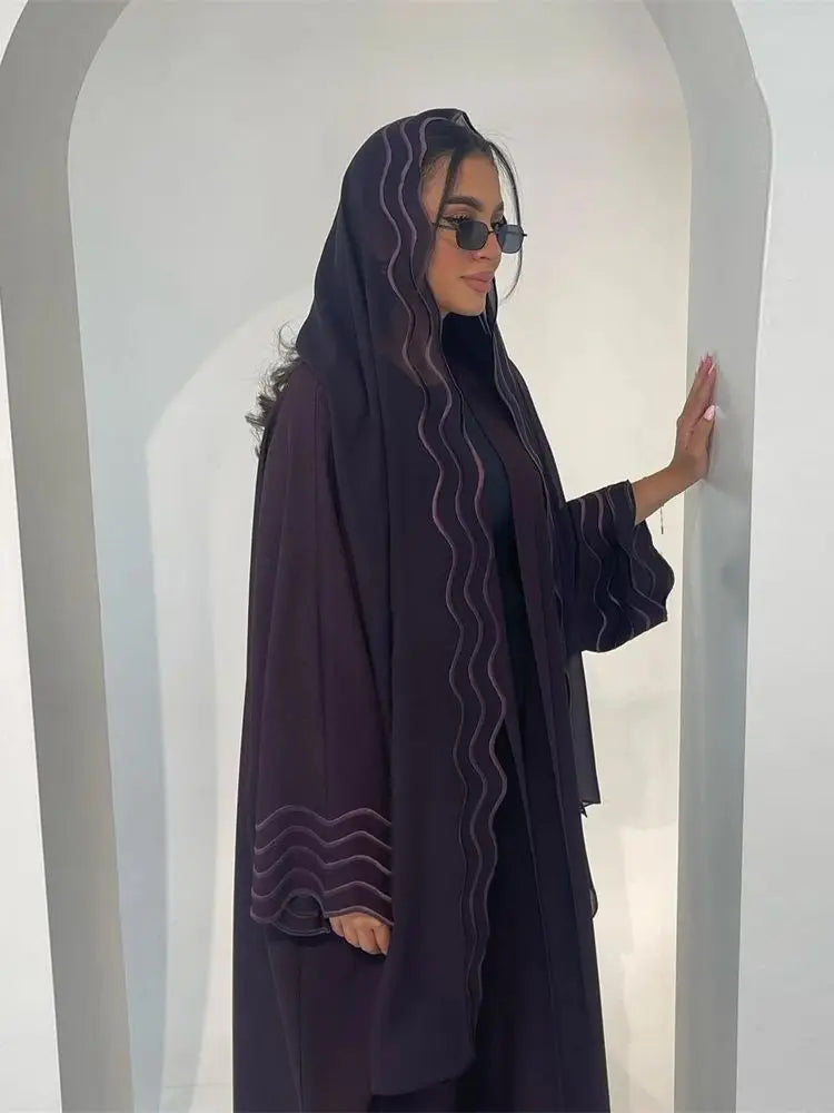 Gray Black Abaya Kimono Hijab Set Kebaya Kaftan Djellaba