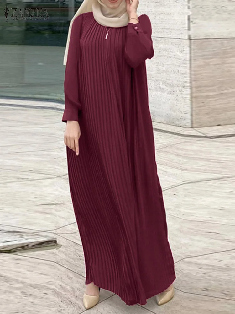 Abaya s Fall Belted Puff Sleeve Hijab Plisse O Neck Maxi