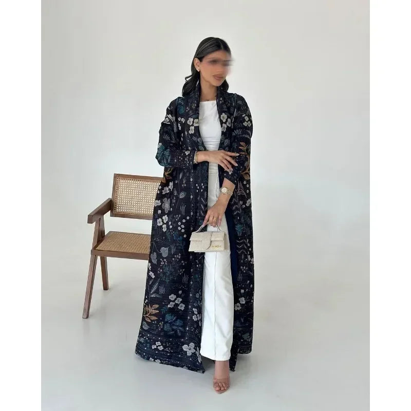 Pleated Trench Coat Vintage Printed Cardigan Loose Plus Size Long Luxury Abaya