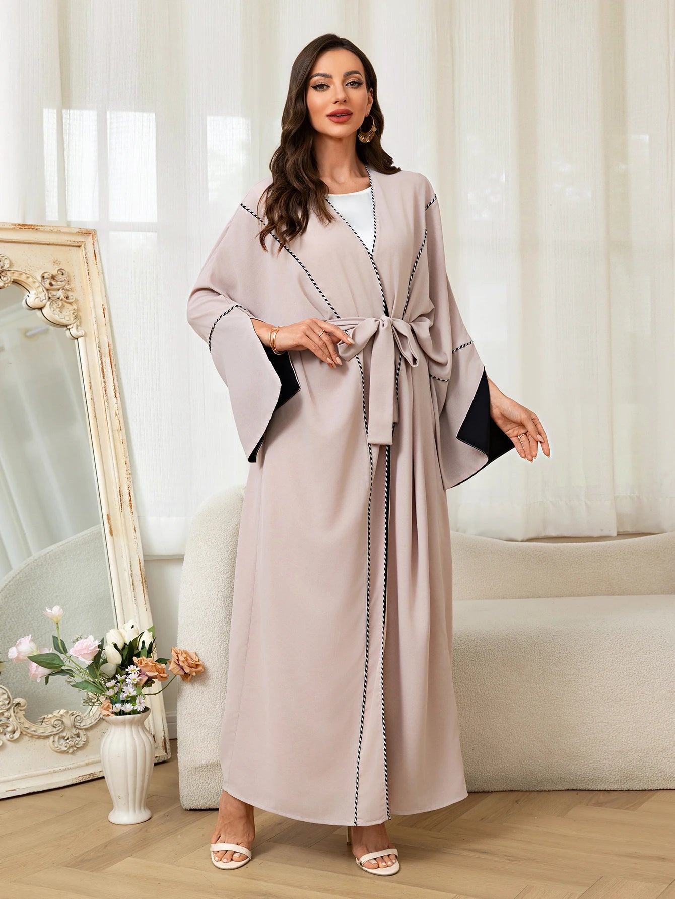 Apricot Abaya with Black Cuff Stitch Detailing Belted Design Fit Daily Wear Special Occasions in
