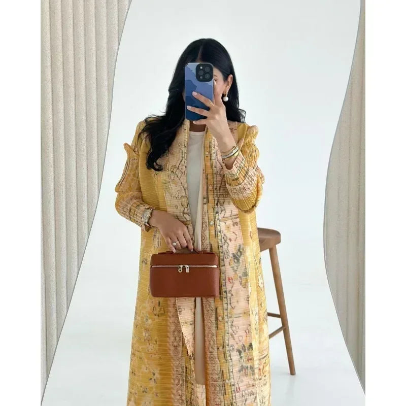 Pleated Trench Coat Vintage Printed Cardigan Loose Plus Size Long Luxury Abaya