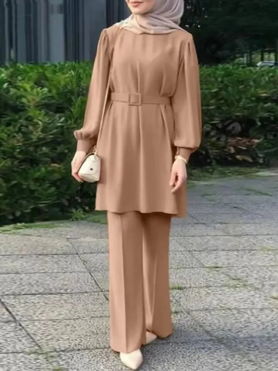 Two Pieces Set Lace-up Blouse & Pant Musulman Ensemble Belt Matching Sets Button Shirt Abaya