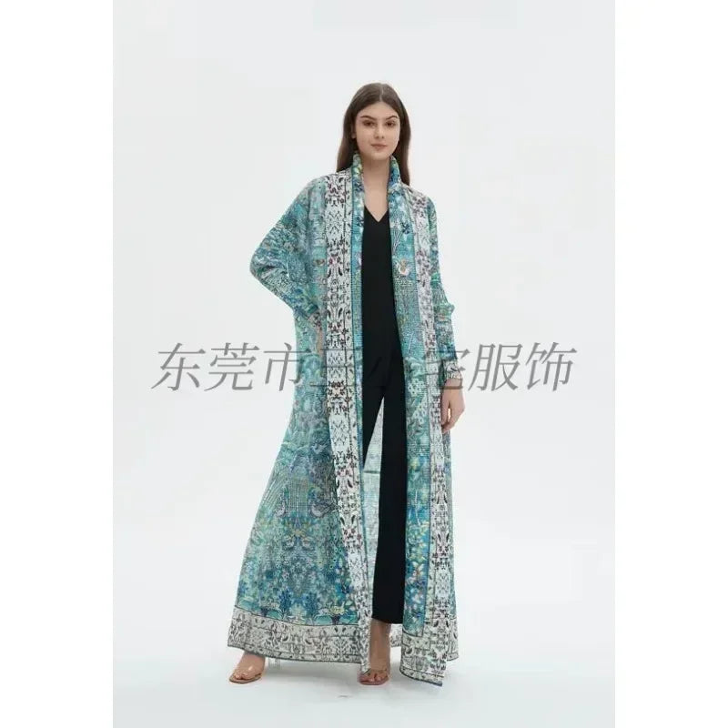 Pleated Trench Coat Vintage Printed Cardigan Loose Plus Size Long Luxury Abaya