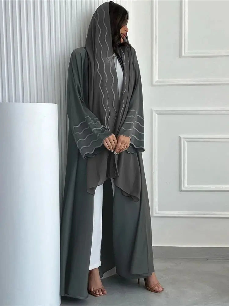 Gray Black Abaya Kimono Hijab Set Kebaya Kaftan Djellaba