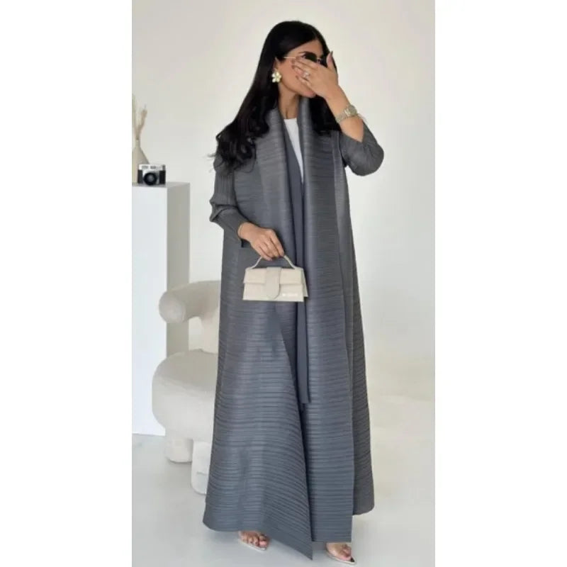Pleated Trench Coat Vintage Printed Cardigan Loose Plus Size Long Luxury Abaya