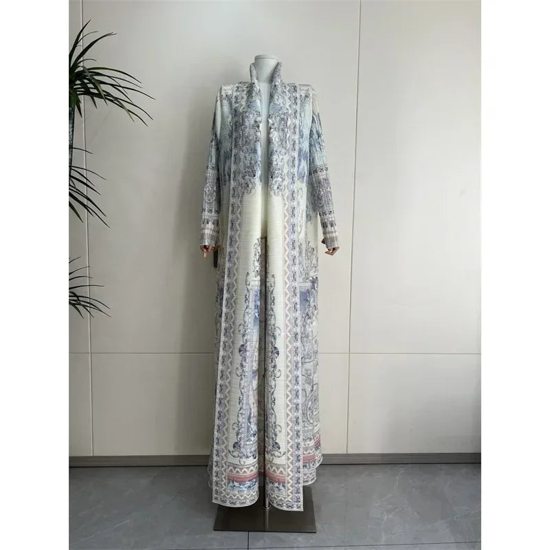 Pleated Trench Coat Vintage Printed Cardigan Loose Plus Size Long Luxury Abaya