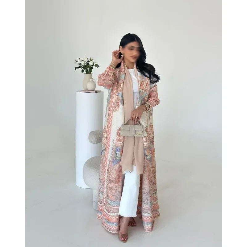 Pleated Trench Coat Vintage Printed Cardigan Loose Plus Size Long Luxury Abaya