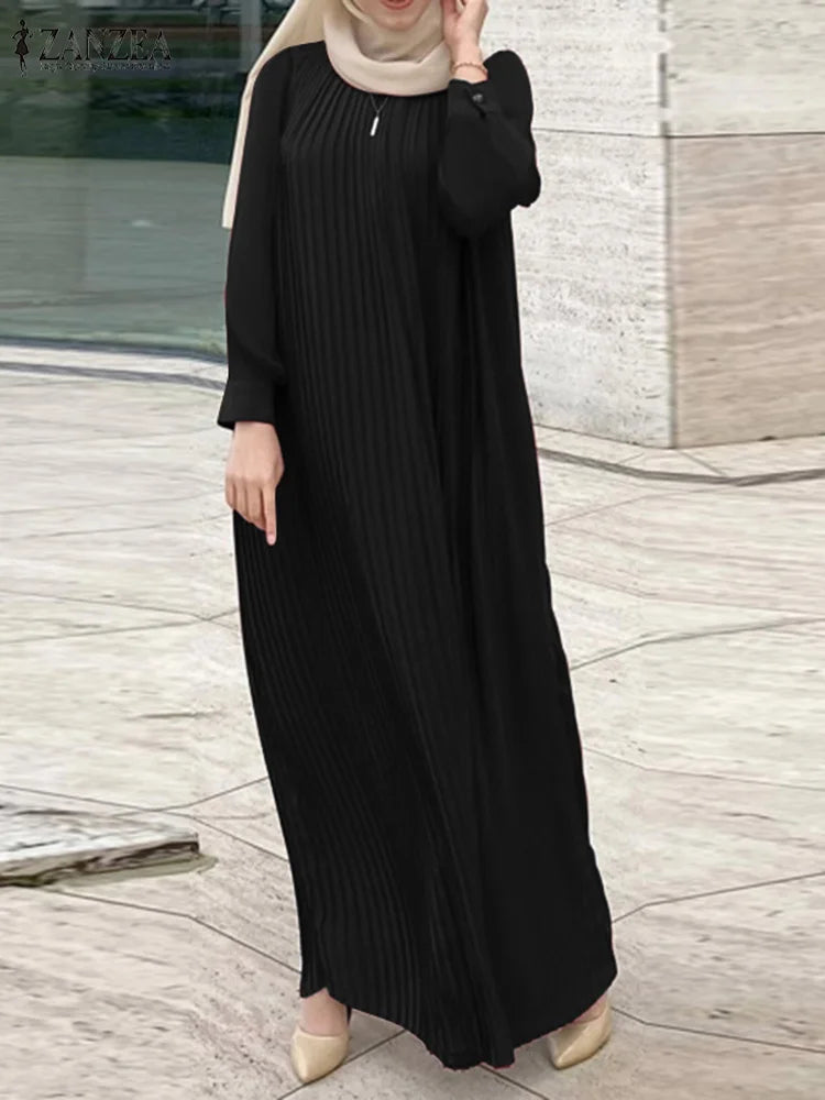 Abaya s Fall Belted Puff Sleeve Hijab Plisse O Neck Maxi