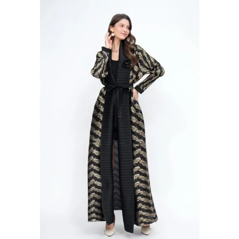 Pleated Trench Coat Vintage Printed Cardigan Loose Plus Size Long Luxury Abaya
