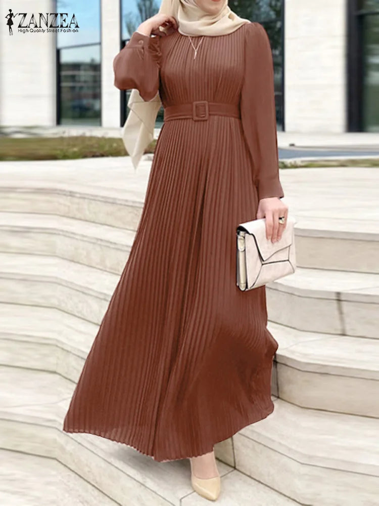 Abaya s Fall Belted Puff Sleeve Hijab Plisse O Neck Maxi