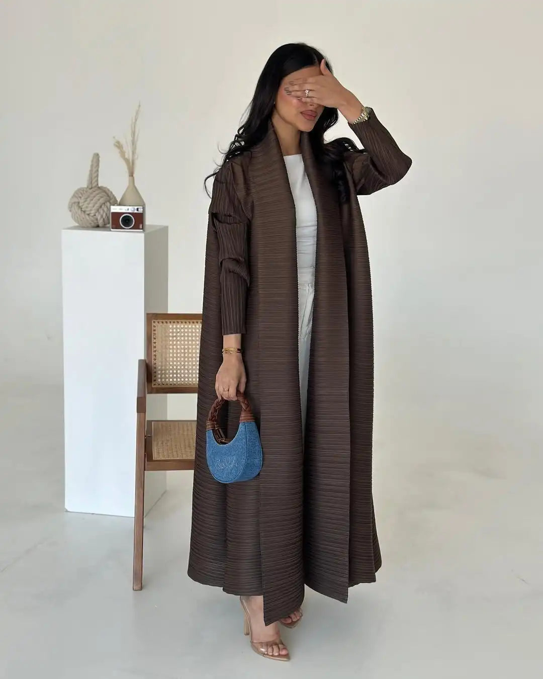 Pleated Trench Coat Vintage Printed Cardigan Loose Plus Size Long Luxury Abaya