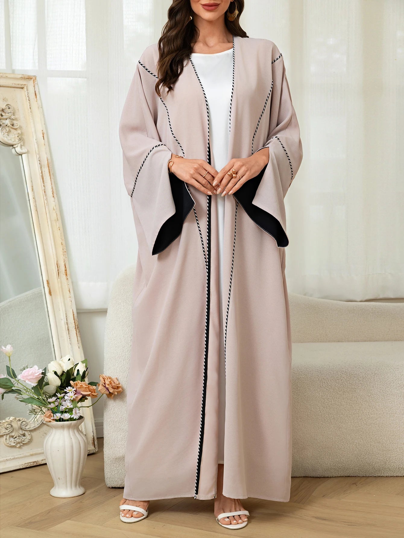 Apricot Abaya with Black Cuff Stitch Detailing Belted Design Fit Daily Wear Special Occasions in