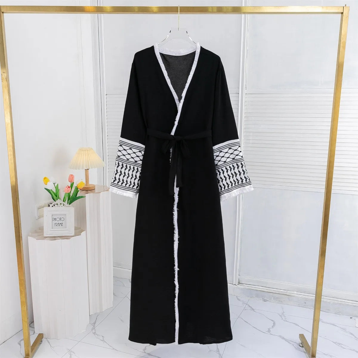 Open Front Abaya Long Sleeve Cardigan Abayas With Belt Maxi 's Tassel Embroidery Kaftan s