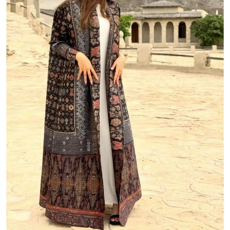 Pleated Trench Coat Vintage Printed Cardigan Loose Plus Size Long Luxury Abaya