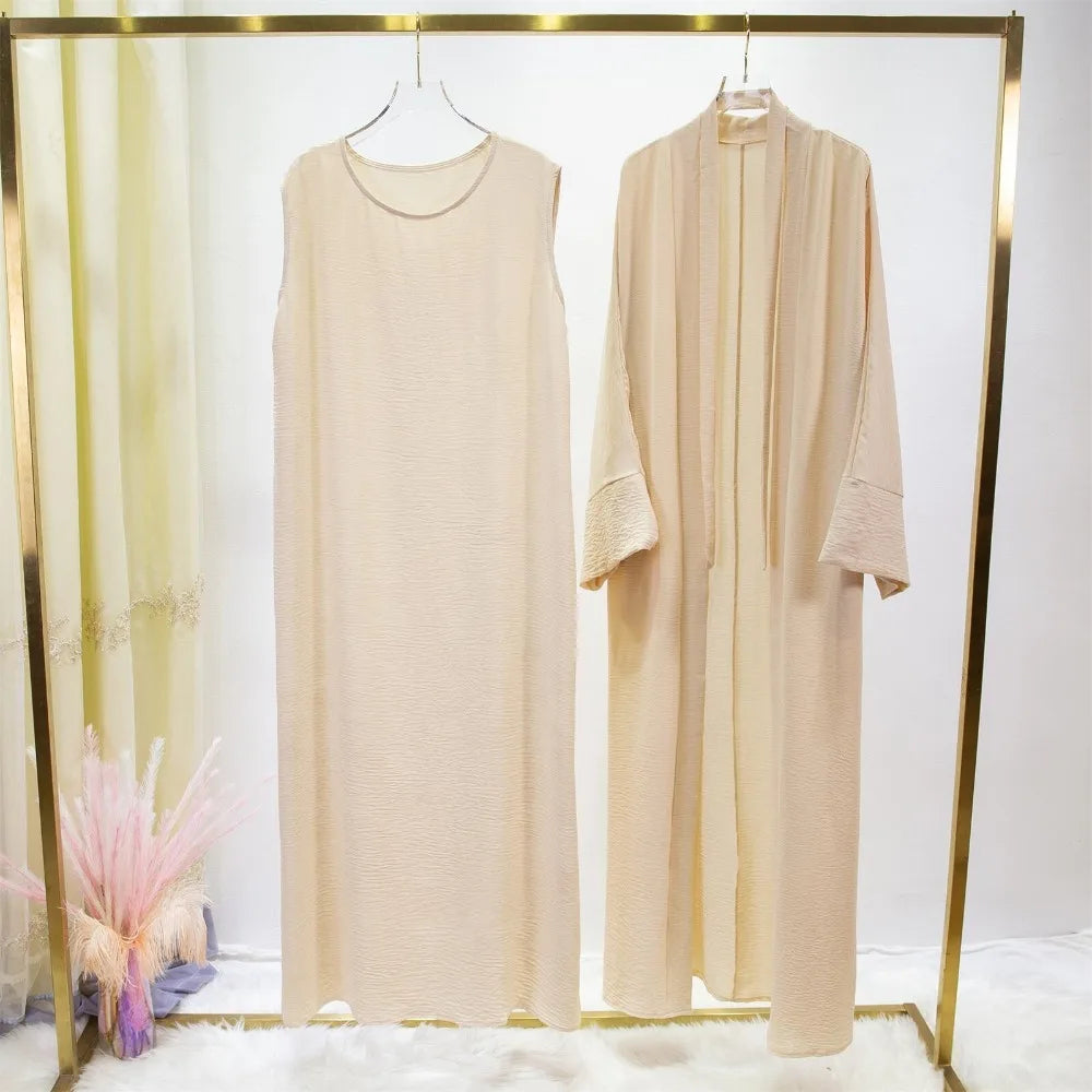 2pics Sets Two Pieces Out Abaya Loose Cardigan Coat Sleeveless Inner with Belt