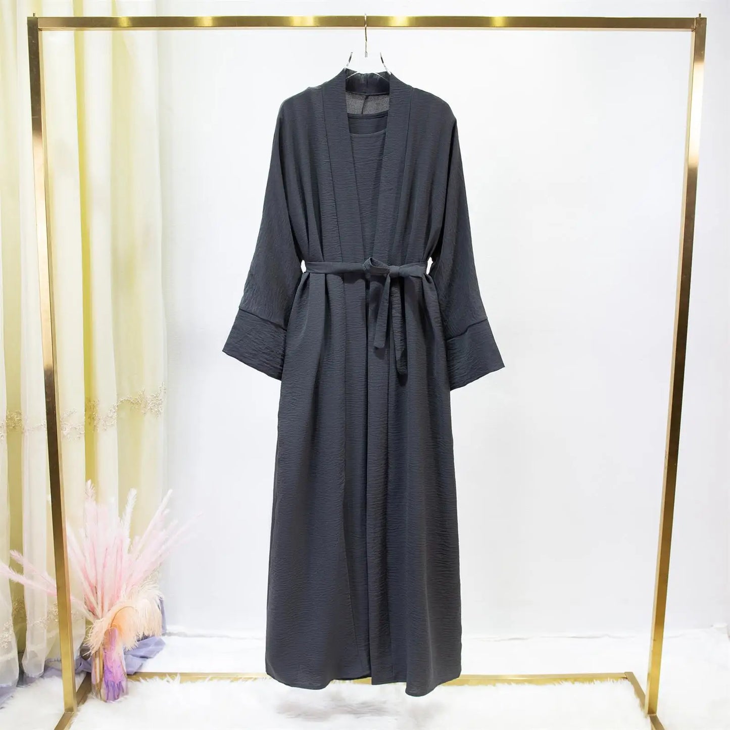 2pics Sets Two Pieces Out Abaya Loose Cardigan Coat Sleeveless Inner with Belt