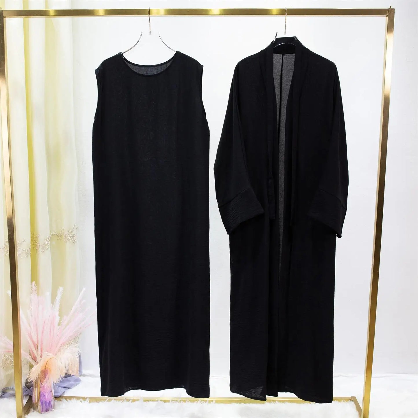 2pics Sets Two Pieces Out Abaya Loose Cardigan Coat Sleeveless Inner with Belt