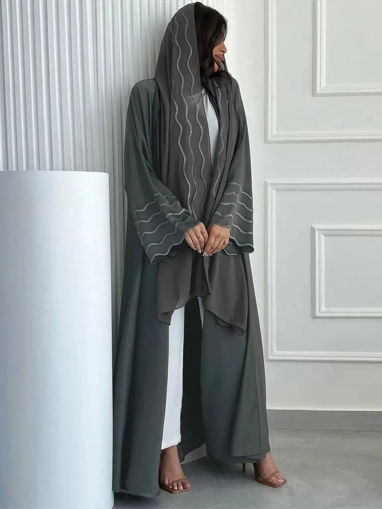 Gray Black Abaya Kimono Hijab Set Kebaya Kaftan Djellaba