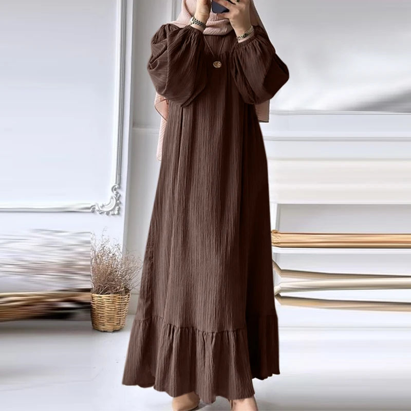 Ruffles Hem Sundress Woman Puff Sleeve O Neck Party Abaya