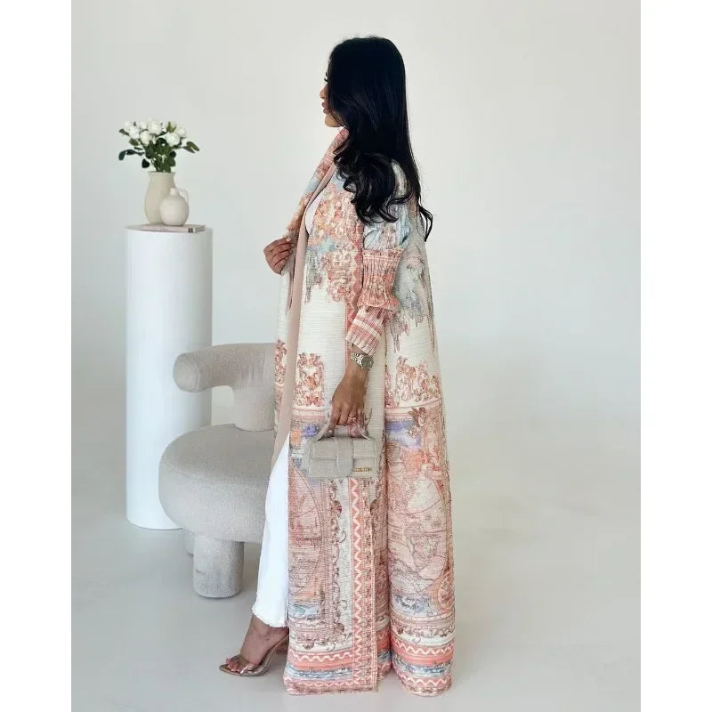 Pleated Trench Coat Vintage Printed Cardigan Loose Plus Size Long Luxury Abaya