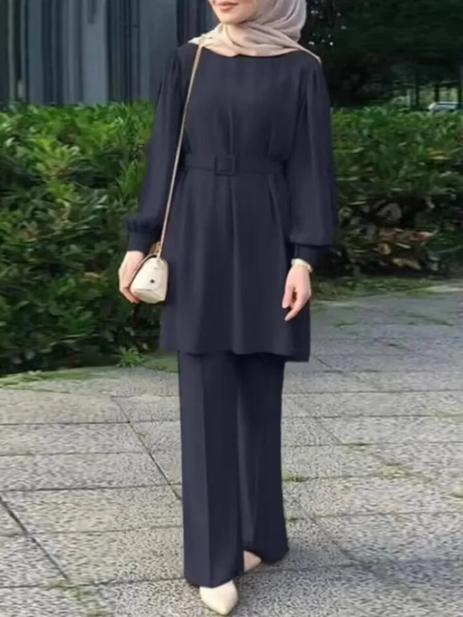 Two Pieces Set Lace-up Blouse & Pant Musulman Ensemble Belt Matching Sets Button Shirt Abaya