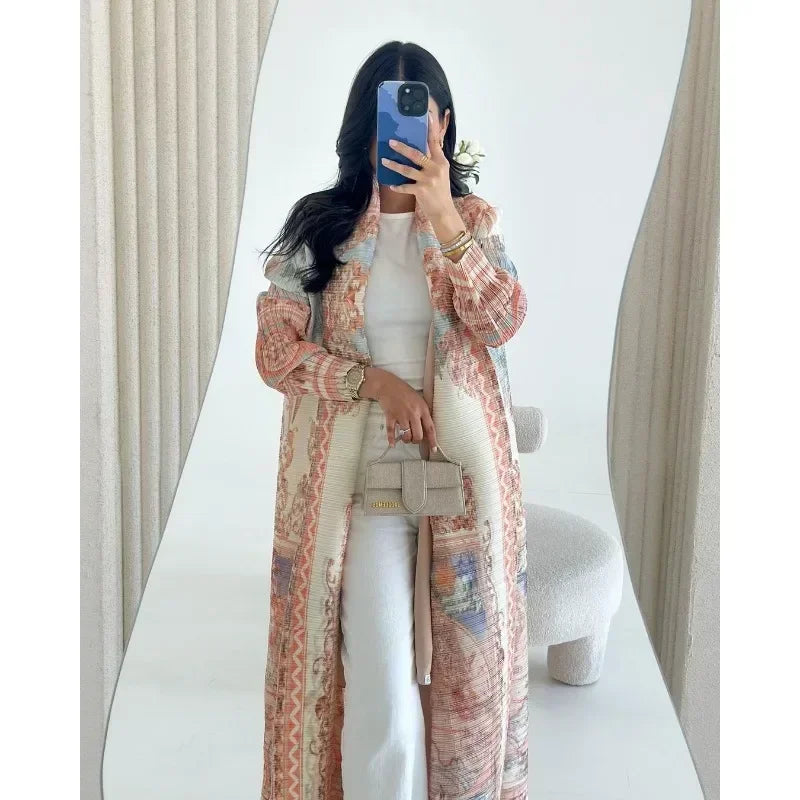 Pleated Trench Coat Vintage Printed Cardigan Loose Plus Size Long Luxury Abaya