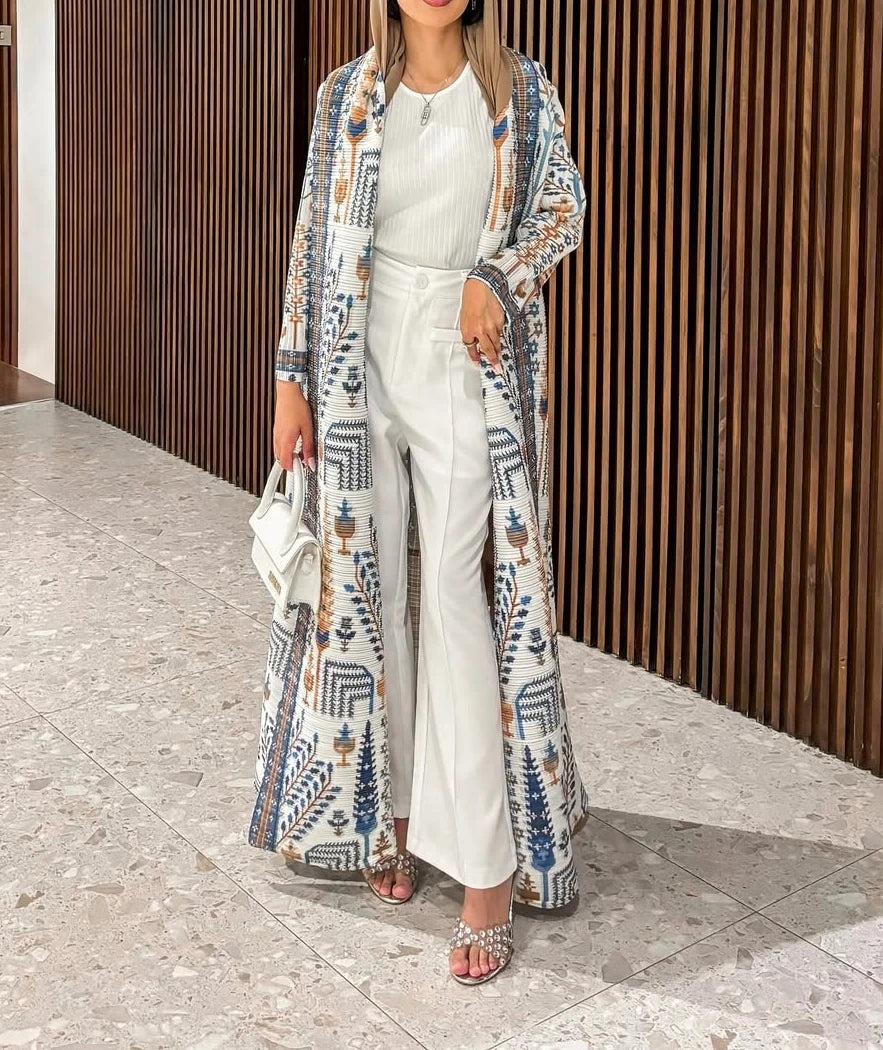 Pleated Trench Coat Vintage Printed Cardigan Loose Plus Size Long Luxury Abaya