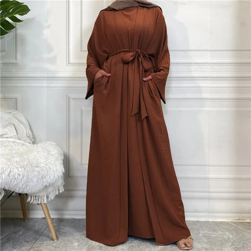 Coffee Color2 Piece belt Abaya Set Turkey Bangladesh Hijab Kaftans Ensembles 2025