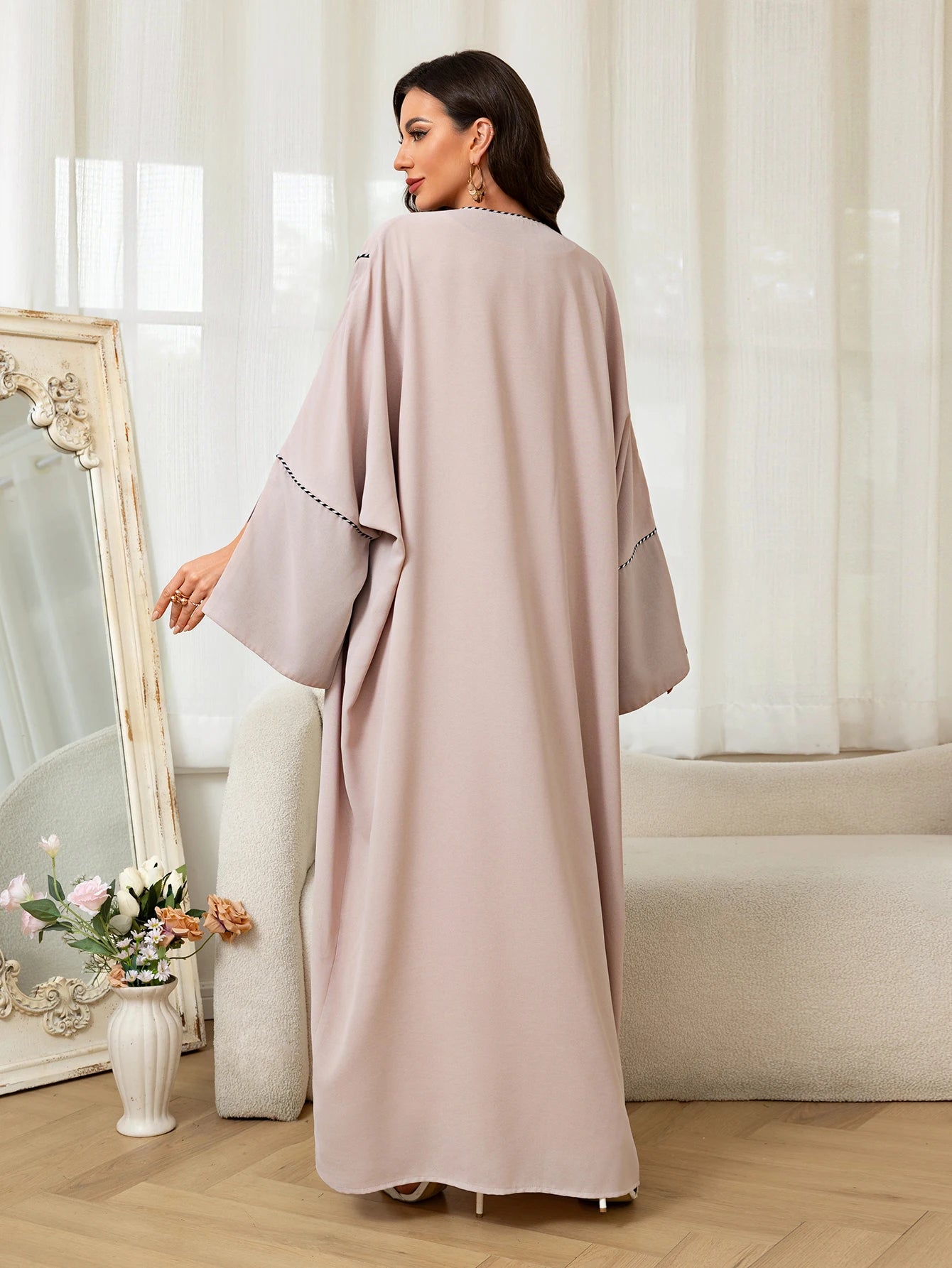 Apricot Abaya with Black Cuff Stitch Detailing Belted Design Fit Daily Wear Special Occasions in