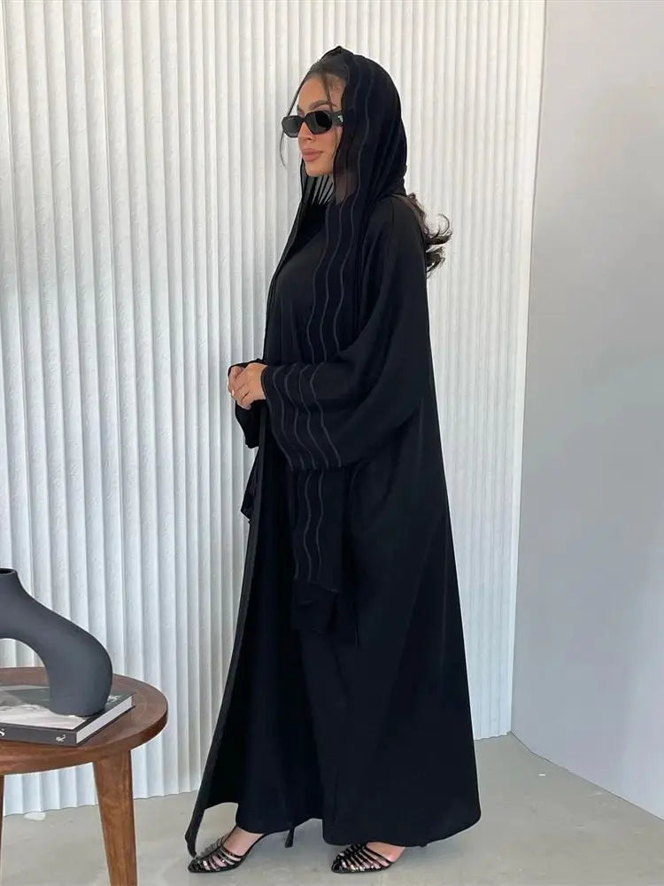 Gray Black Abaya Kimono Hijab Set Kebaya Kaftan Djellaba