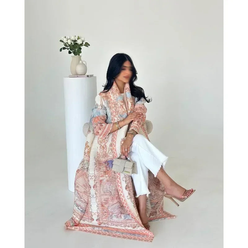 Pleated Trench Coat Vintage Printed Cardigan Loose Plus Size Long Luxury Abaya