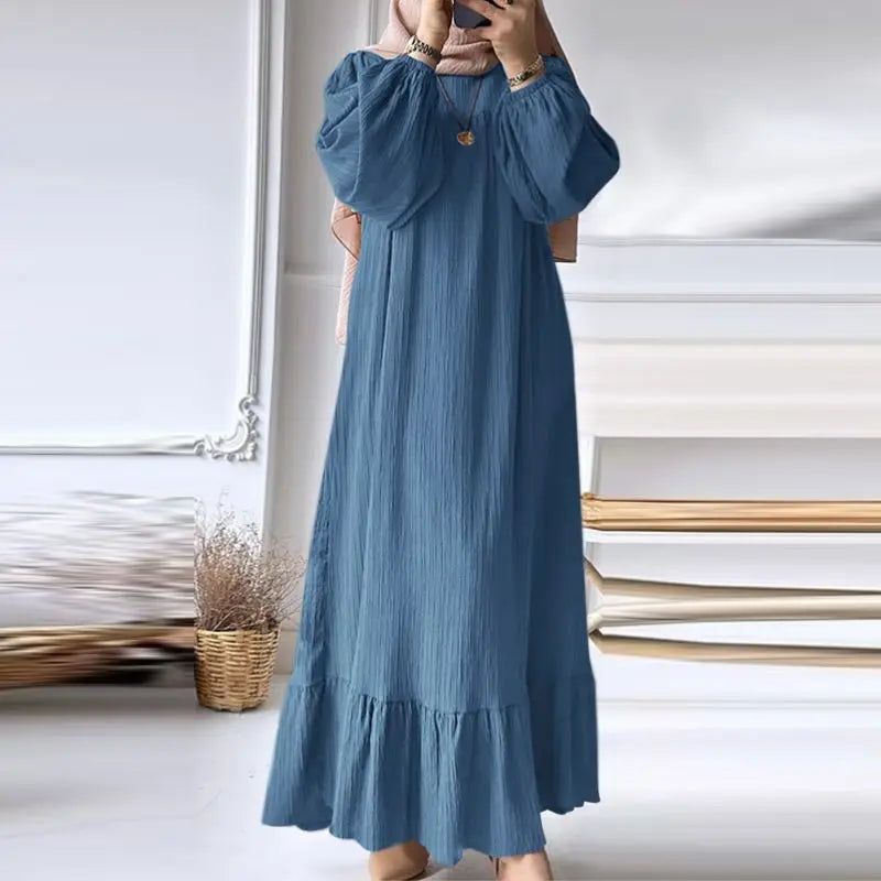 Ruffles Hem Sundress Woman Puff Sleeve O Neck Party Abaya