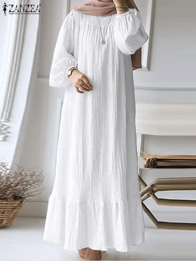 Ruffles Hem Sundress Woman Puff Sleeve O Neck Party Abaya