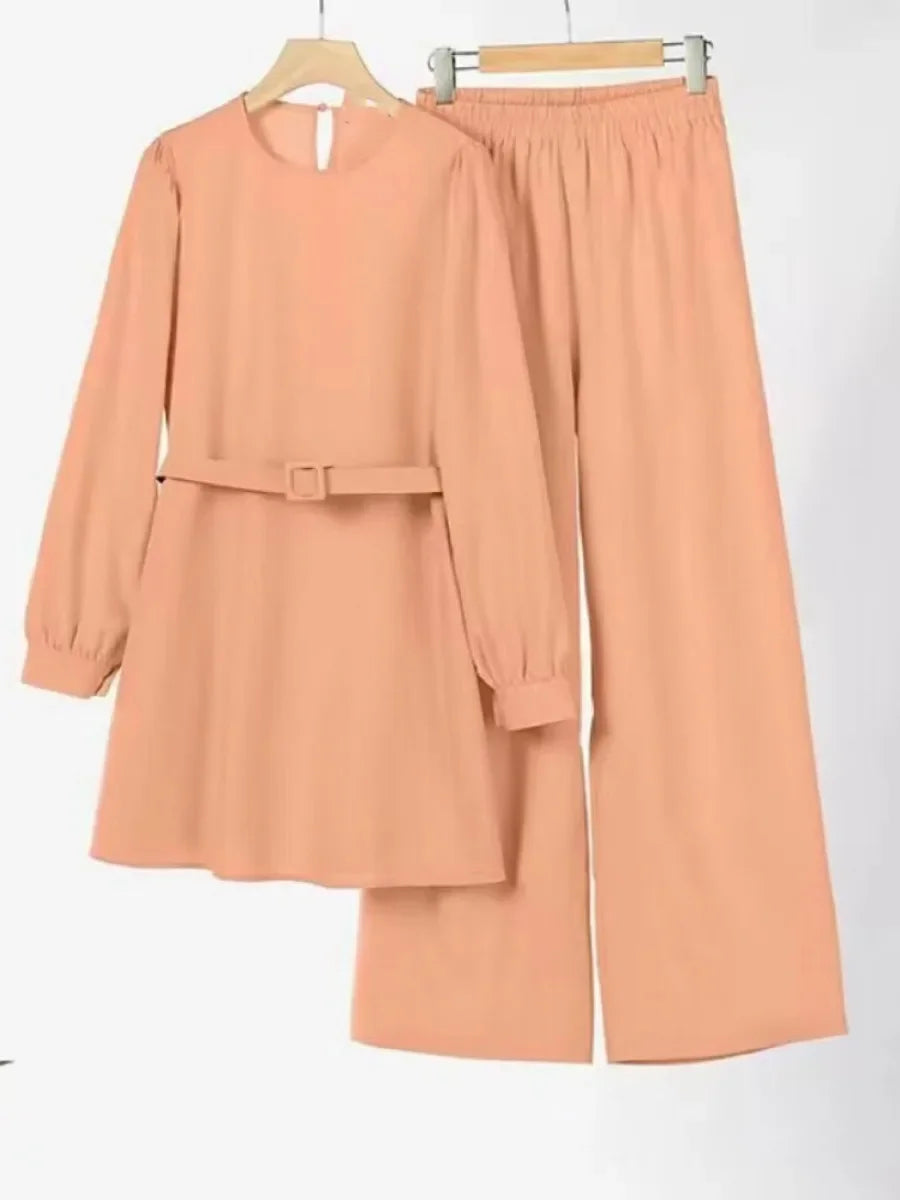 Two Pieces Set Lace-up Blouse & Pant Musulman Ensemble Belt Matching Sets Button Shirt Abaya