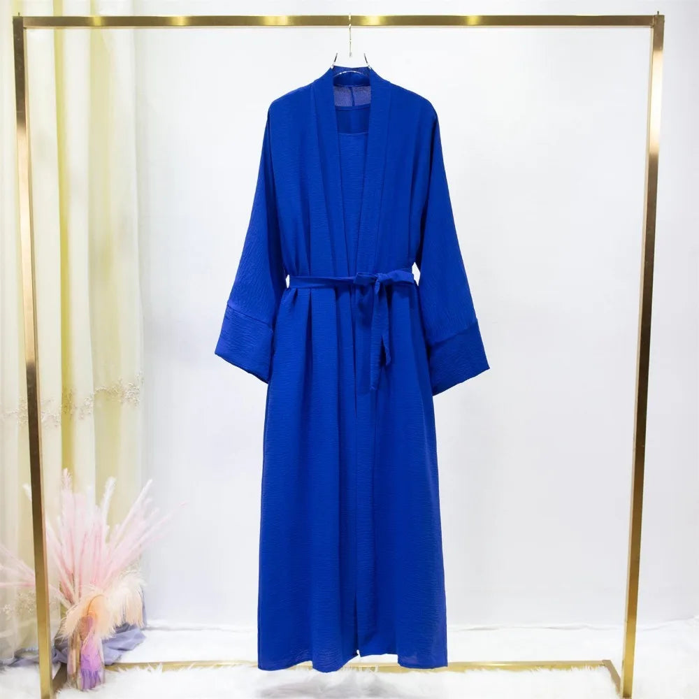 2pics Sets Two Pieces Out Abaya Loose Cardigan Coat Sleeveless Inner with Belt