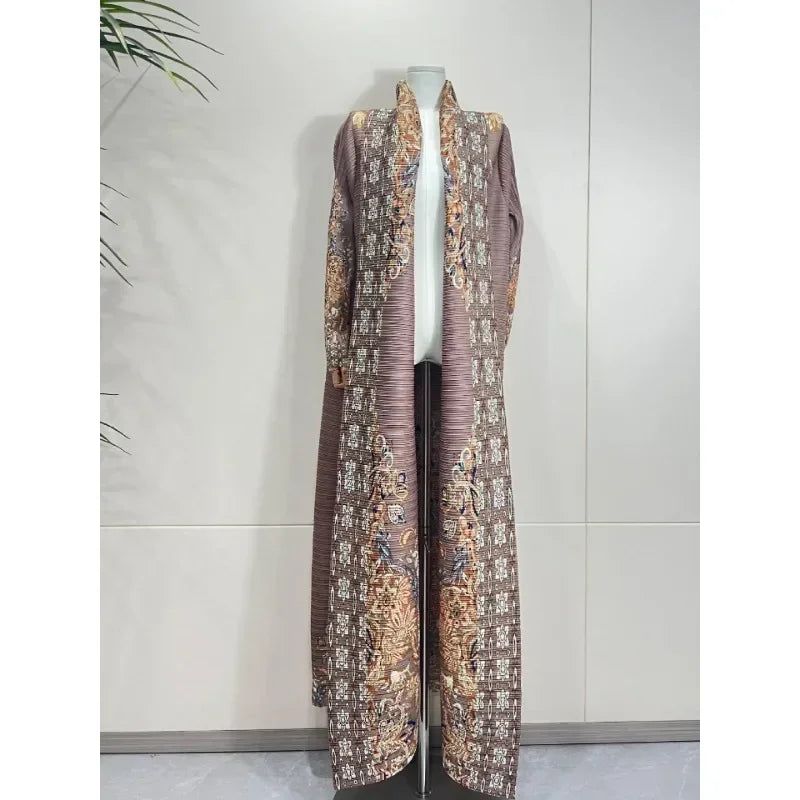 Pleated Trench Coat Vintage Printed Cardigan Loose Plus Size Long Luxury Abaya