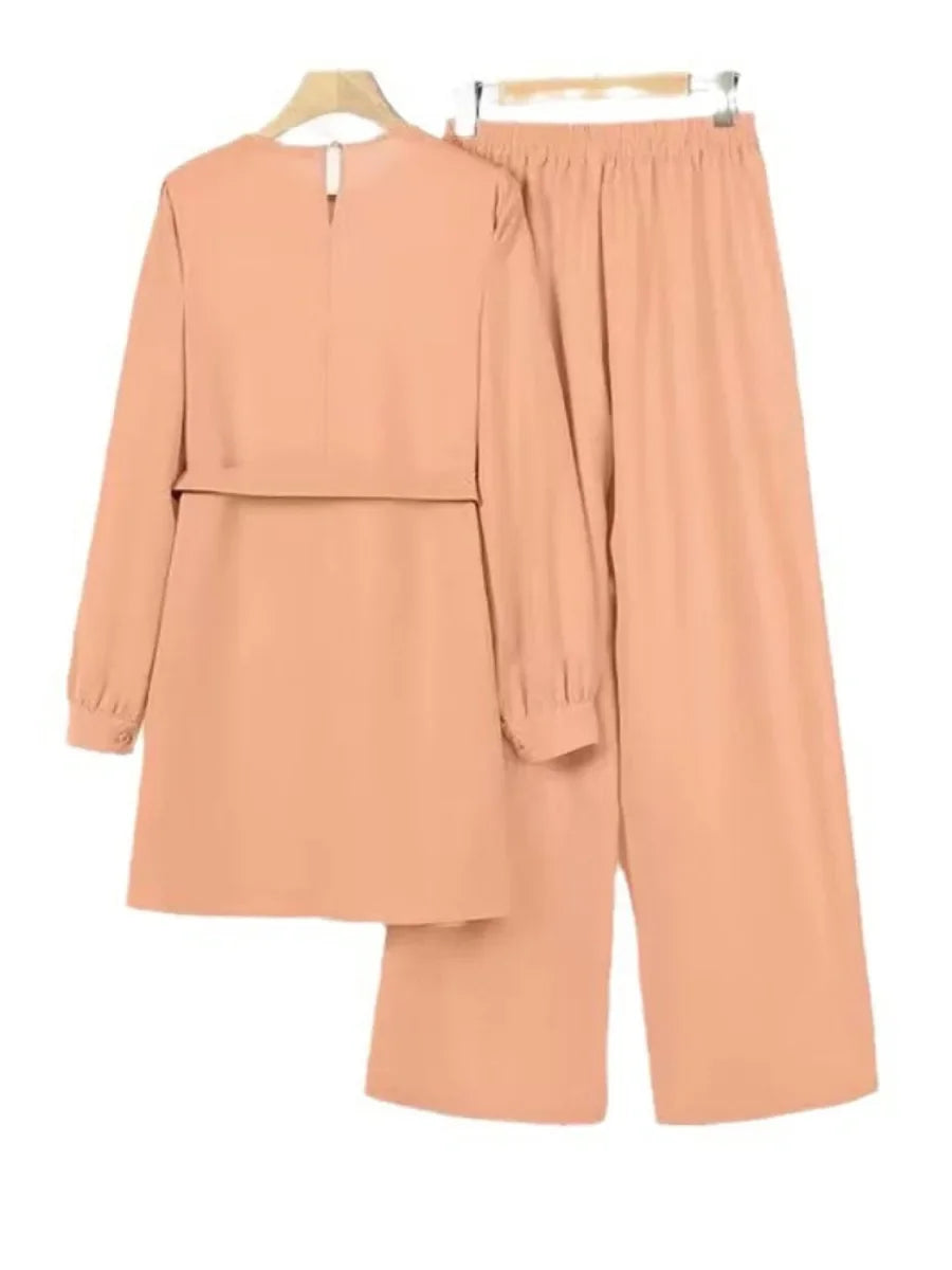 Two Pieces Set Lace-up Blouse & Pant Musulman Ensemble Belt Matching Sets Button Shirt Abaya