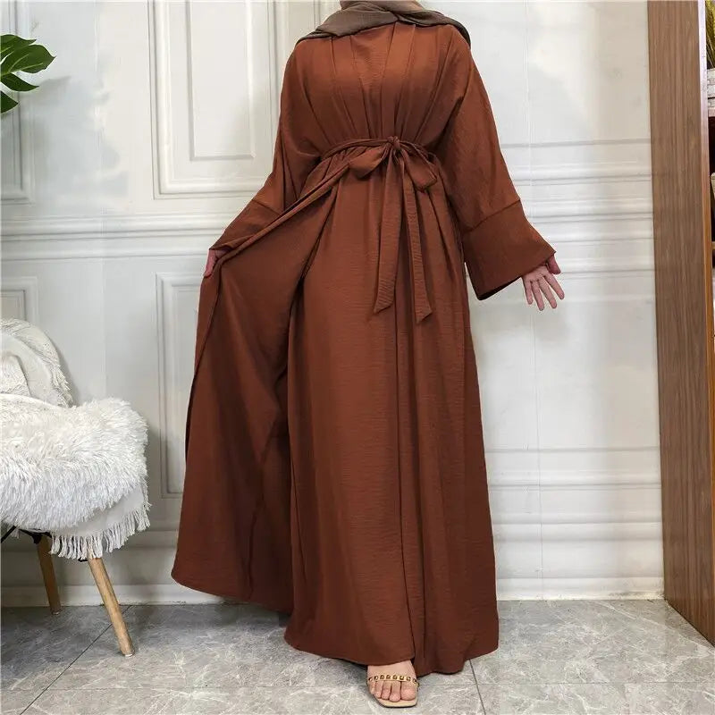 Coffee Color2 Piece belt Abaya Set Turkey Bangladesh Hijab Kaftans Ensembles 2025