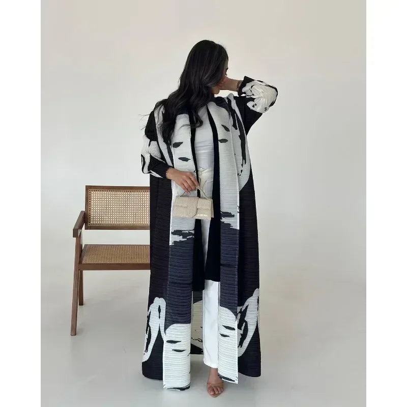 Pleated Trench Coat Vintage Printed Cardigan Loose Plus Size Long Luxury Abaya