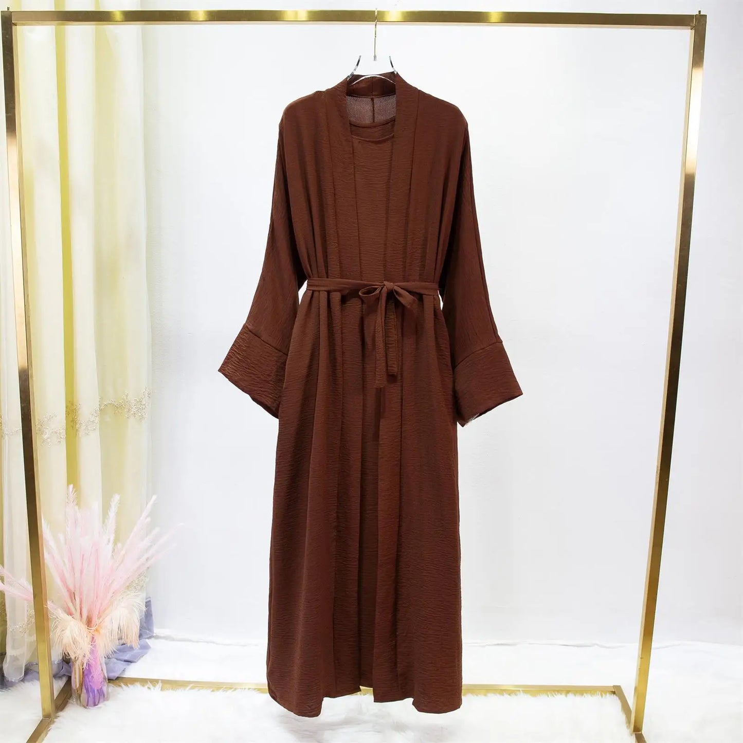 2pics Sets Two Pieces Out Abaya Loose Cardigan Coat Sleeveless Inner with Belt