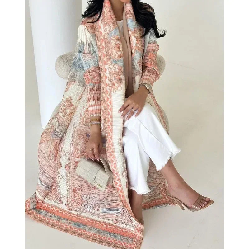 Pleated Trench Coat Vintage Printed Cardigan Loose Plus Size Long Luxury Abaya