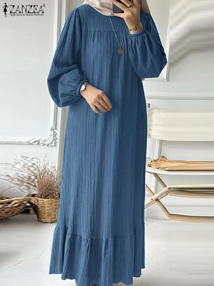 Ruffles Hem Sundress Woman Puff Sleeve O Neck Party Abaya