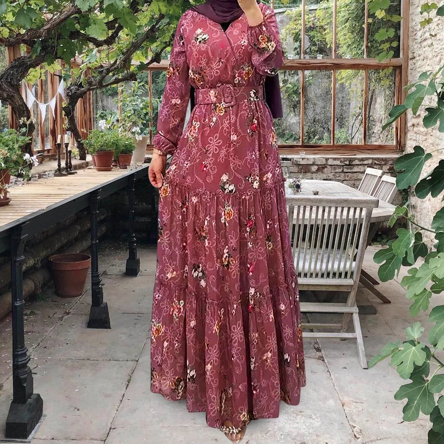 Abaya Turtleneck Floral Print Belted Kaftan Abayas