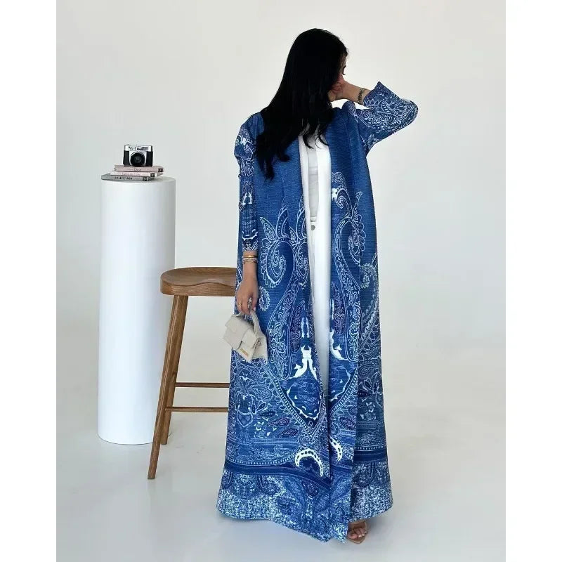 Pleated Trench Coat Vintage Printed Cardigan Loose Plus Size Long Luxury Abaya