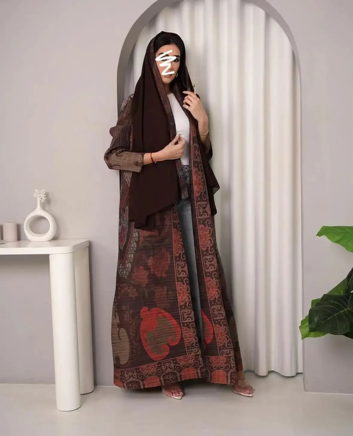 Pleated Trench Coat Vintage Printed Cardigan Loose Plus Size Long Luxury Abaya