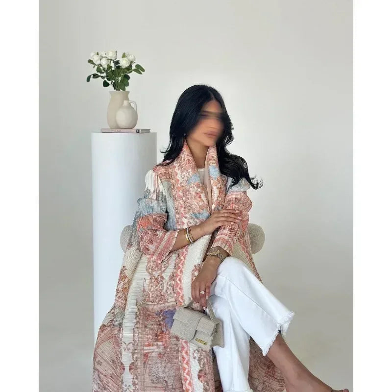 Pleated Trench Coat Vintage Printed Cardigan Loose Plus Size Long Luxury Abaya
