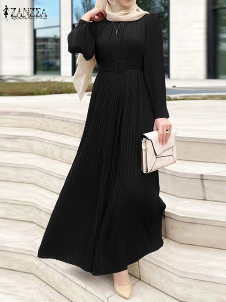 Abaya s Fall Belted Puff Sleeve Hijab Plisse O Neck Maxi