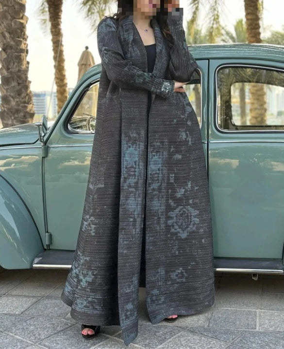 Pleated Trench Coat Vintage Printed Cardigan Loose Plus Size Long Luxury Abaya